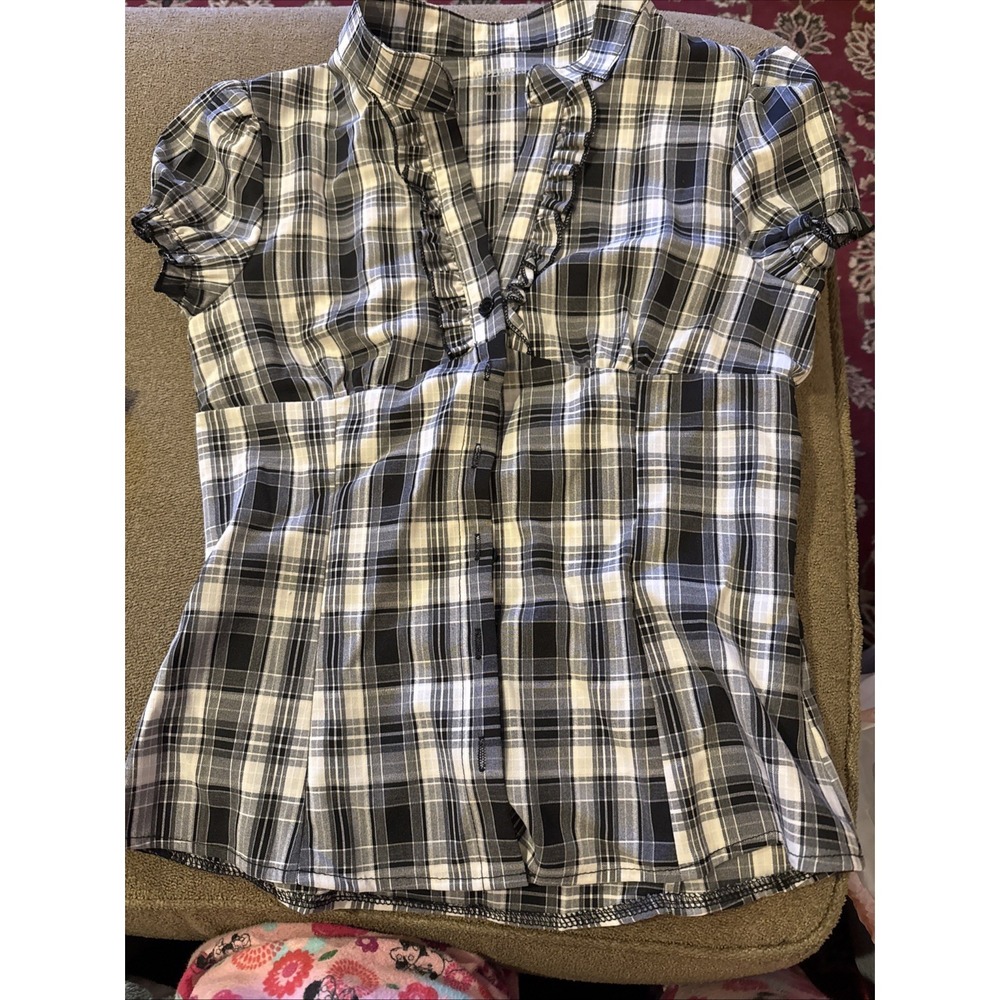 HYPERBEES Size Medium Black White Plaid Short Sleeve Top (Lexi)